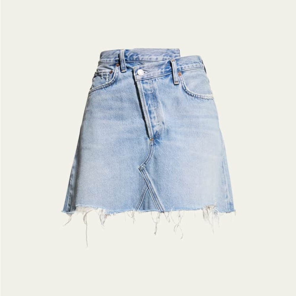A Golde Crisscross Waist Cut-Off Mini Denim Skirt